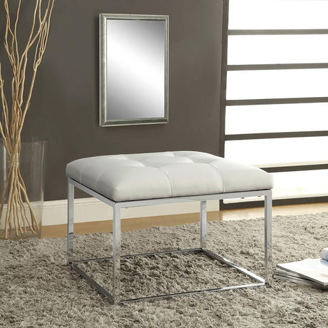 Swanson Upholstered Tufted Ottoman White and Chrome - (500423)